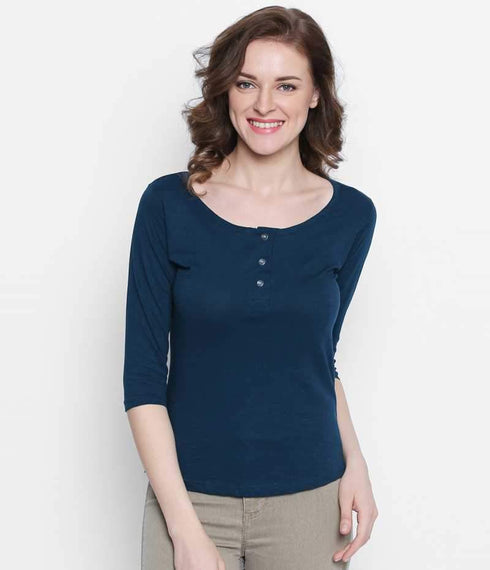 Women Navy Blue 3/4 Sleeves Henley T-Shirt